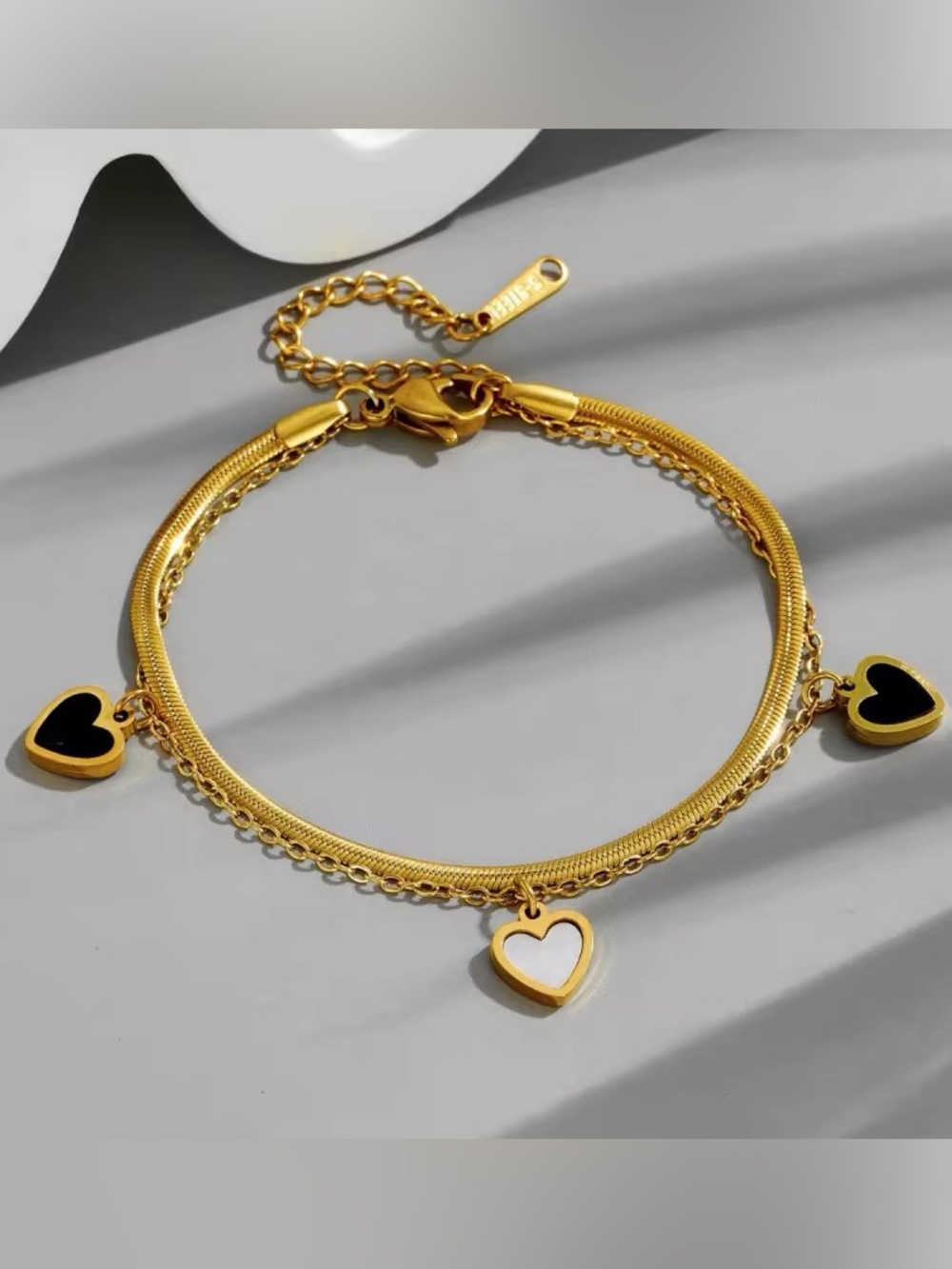 Gold-Tone Heart Charm Bracelet with Black & White Accents - Women Jewelry